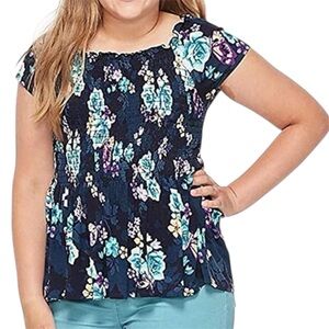 JUSTICE Off Shoulder Top/Blouse With Scalloped Trim & Ruched Waist Blue Girls 8Y